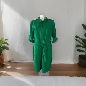 Sharagano Green W/ Gold Sheath Dress size 14 Half Zip Career Safari Women's